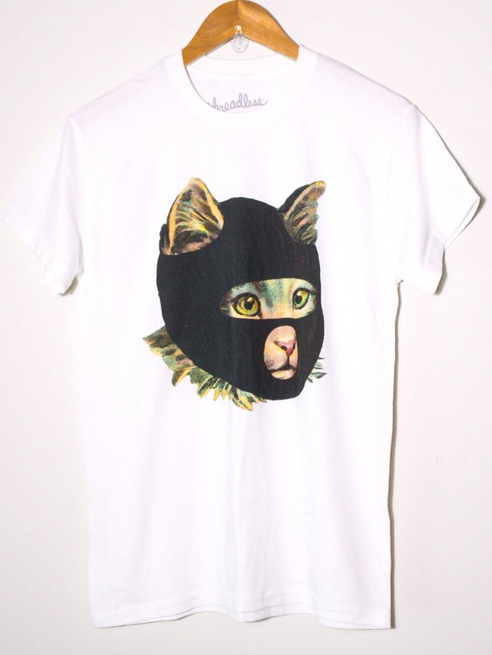 Threadless Nate Hissong Cat Wearing Balaclava Graphic Tee Size S